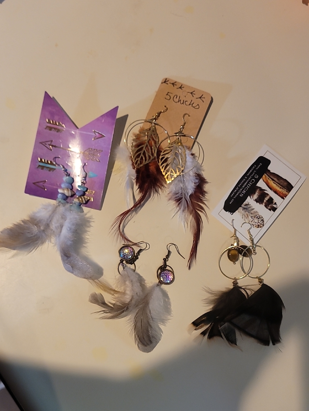 Feather Drop Earrings - Mixed Neutral Colors Hand Made Lot Of 4